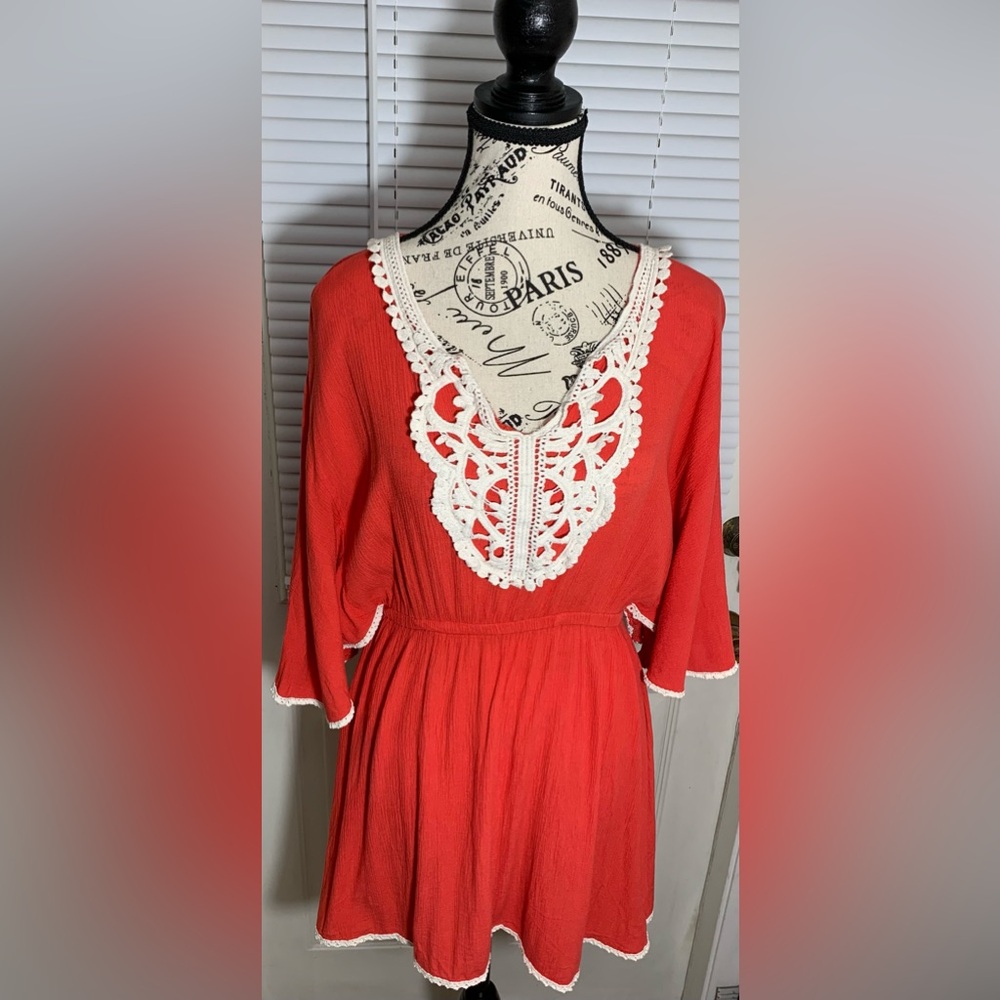 Liberty Love tomato red tunic boho bell sleeves embroidered top w/elastic size L